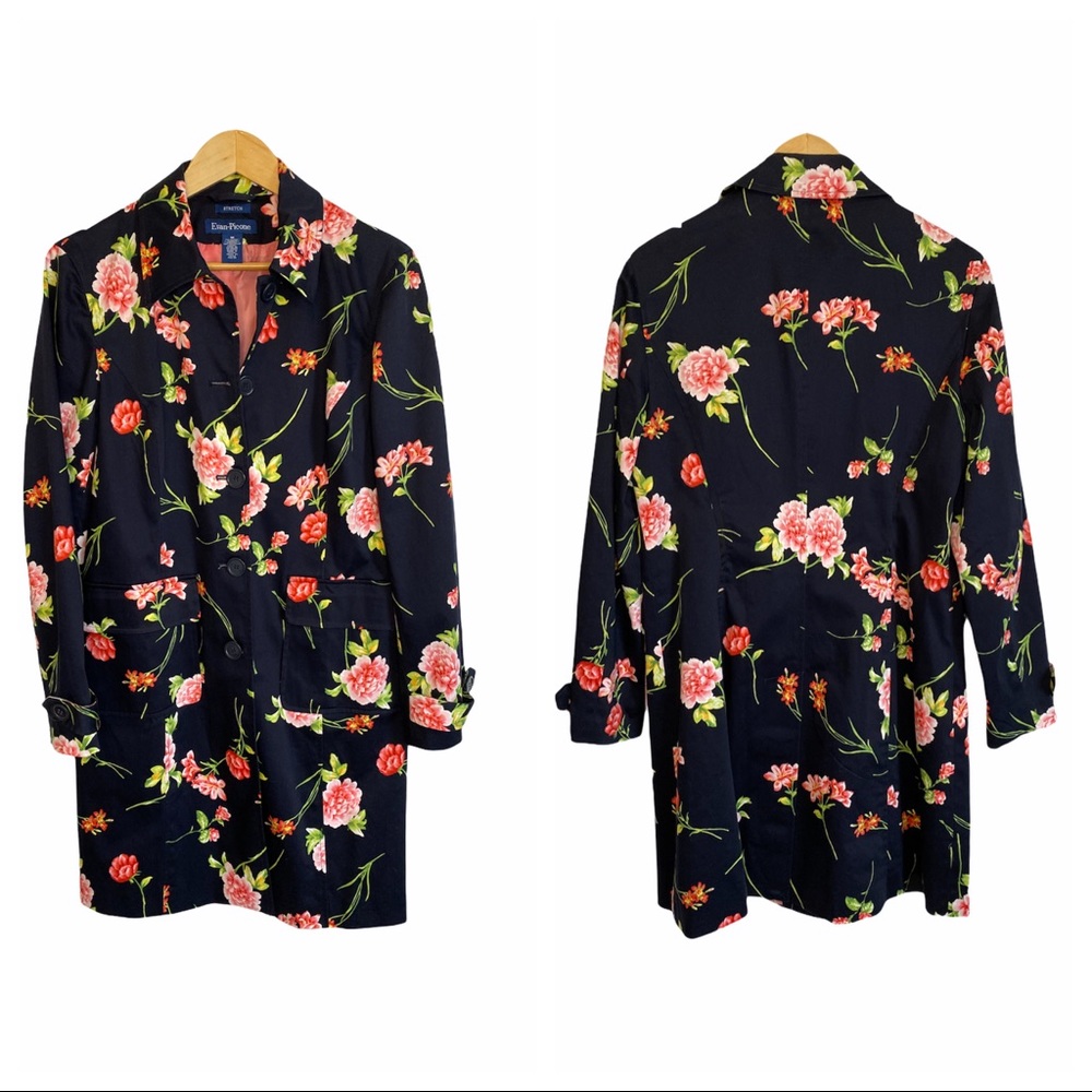 Evan Picone Navy blue and pink floral long blazer trench coat stretch